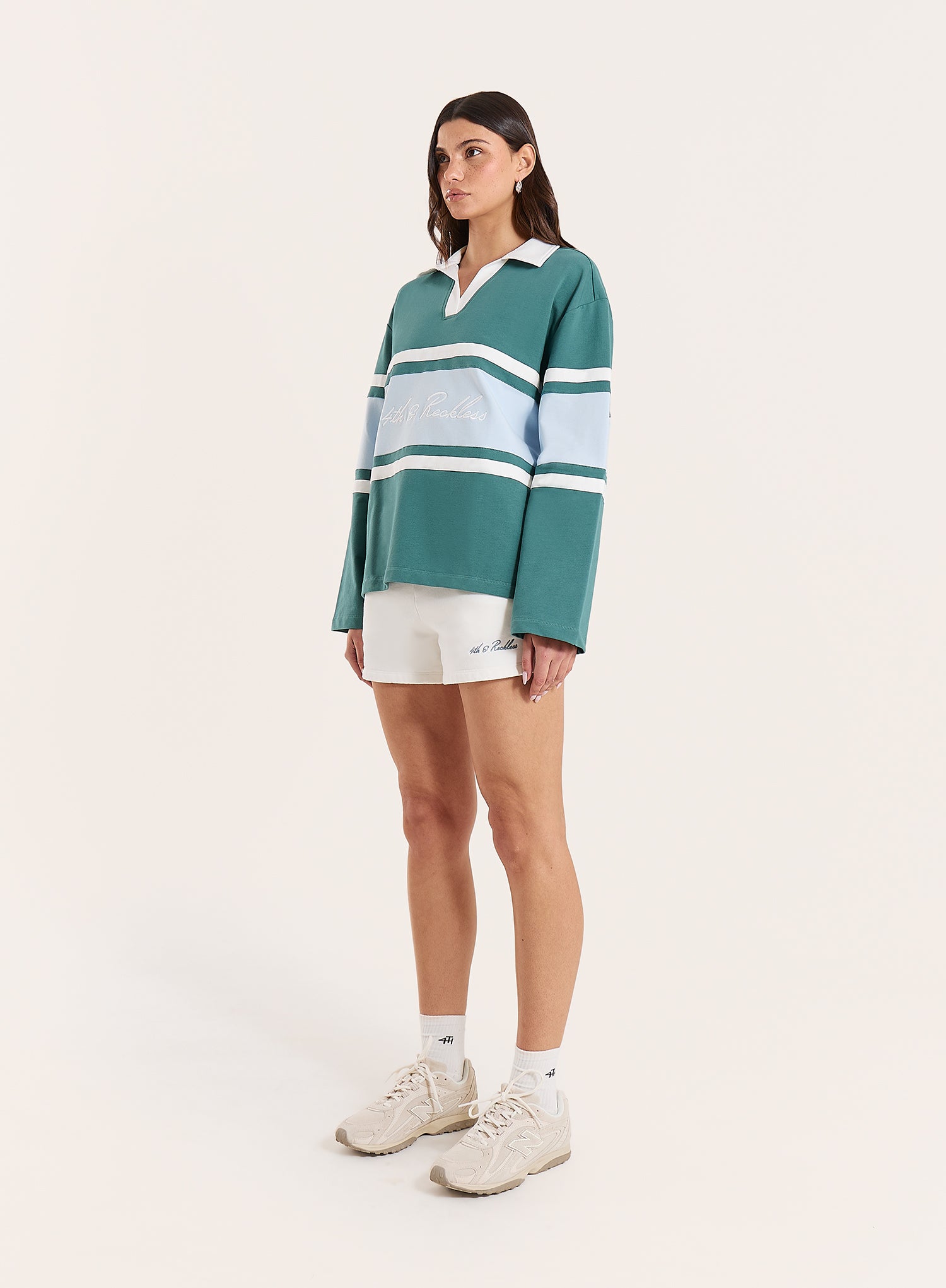 Green And Blue Stripe Panelled Branded Rugby Top
